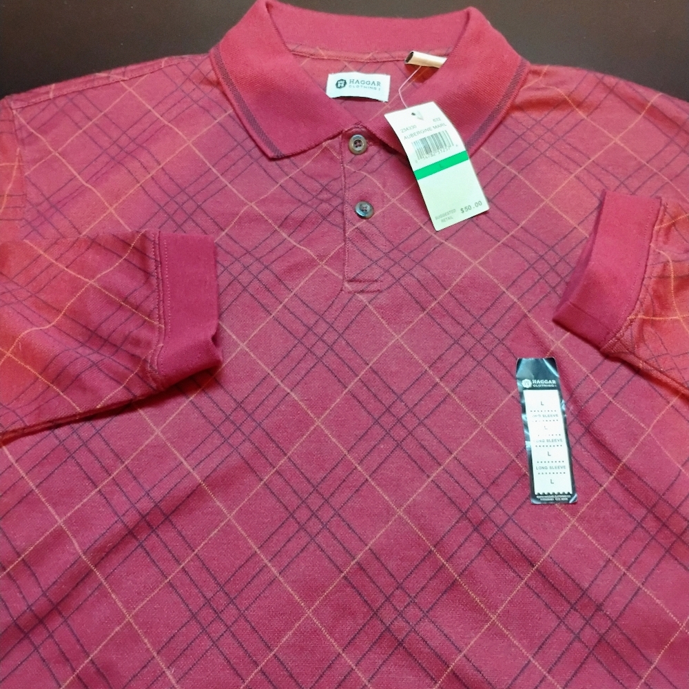 Haggar Dark Red Plaid Checkered Long Sleeve Polo Shirt Mens Size Large NEW NWT